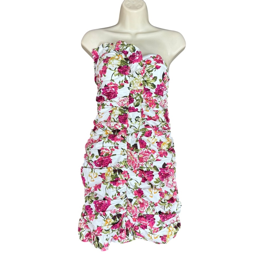 Mable Pink Floral Strapless Ruched Ruffle Mini Dress Size M - Picture 3 of 17